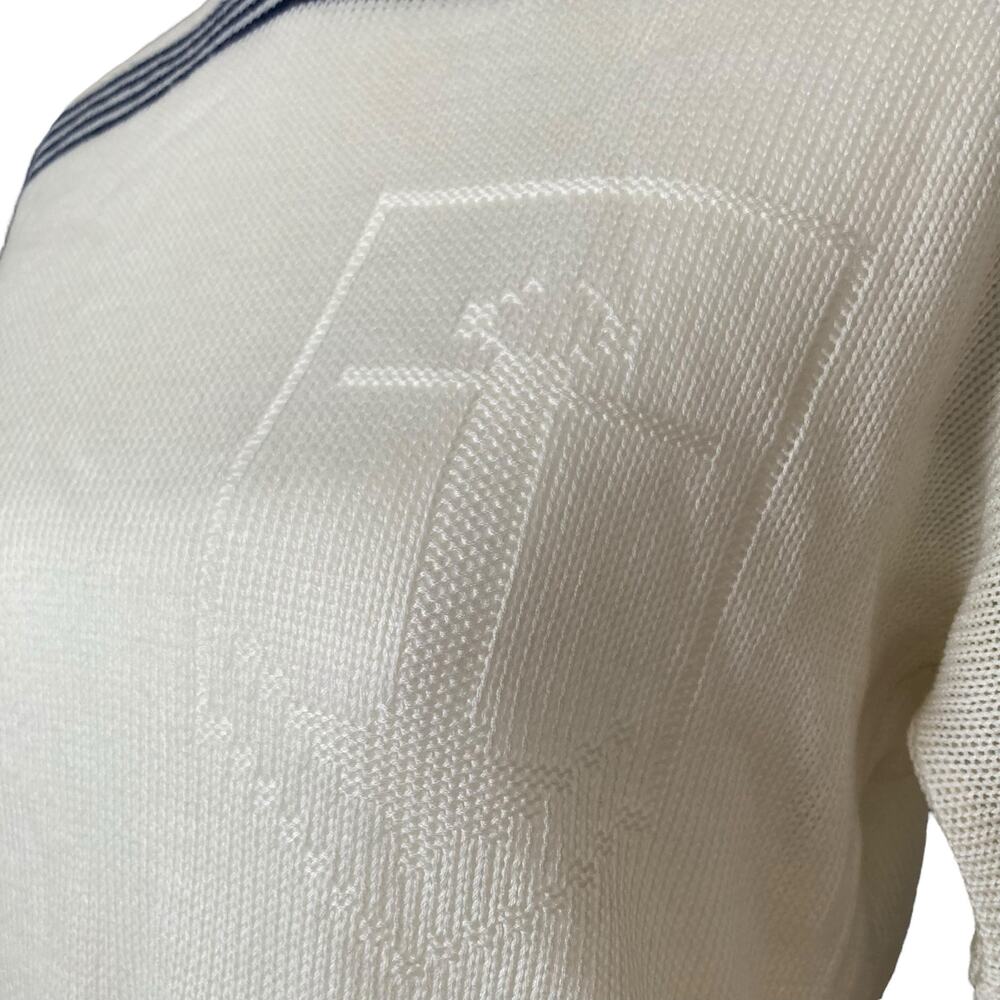 Vintage White Navy Stripe Knit Hoodie Sweater Embroidered Patch Womens Small - Picture 15 of 16
